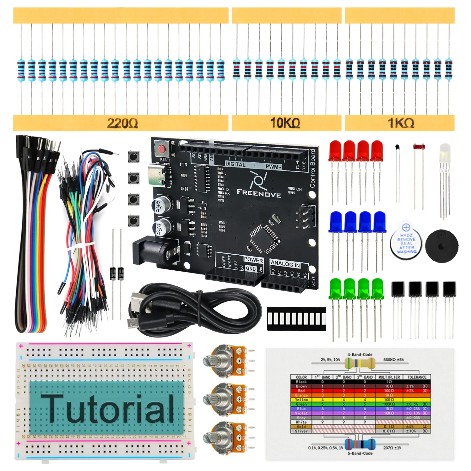 Freenove Basic Starter Kit (Compatible with Arduino UNO R3), 96-Page Detailed Tutorial, 151 Items, 19 Projects
