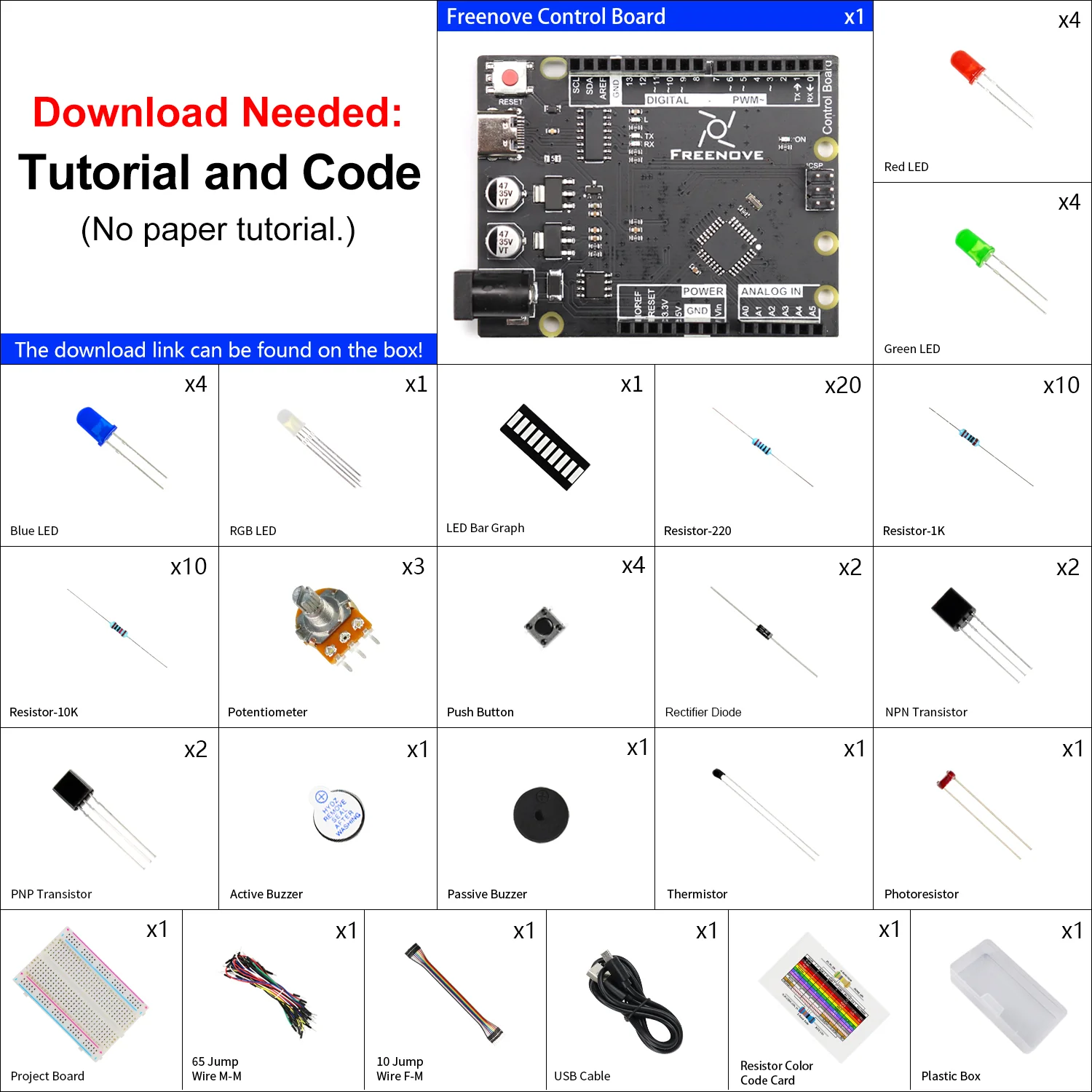 Freenove Basic Starter Kit (Compatible with Arduino UNO R3), 96-Page Detailed Tutorial, 151 Items, 19 Projects - Image 2