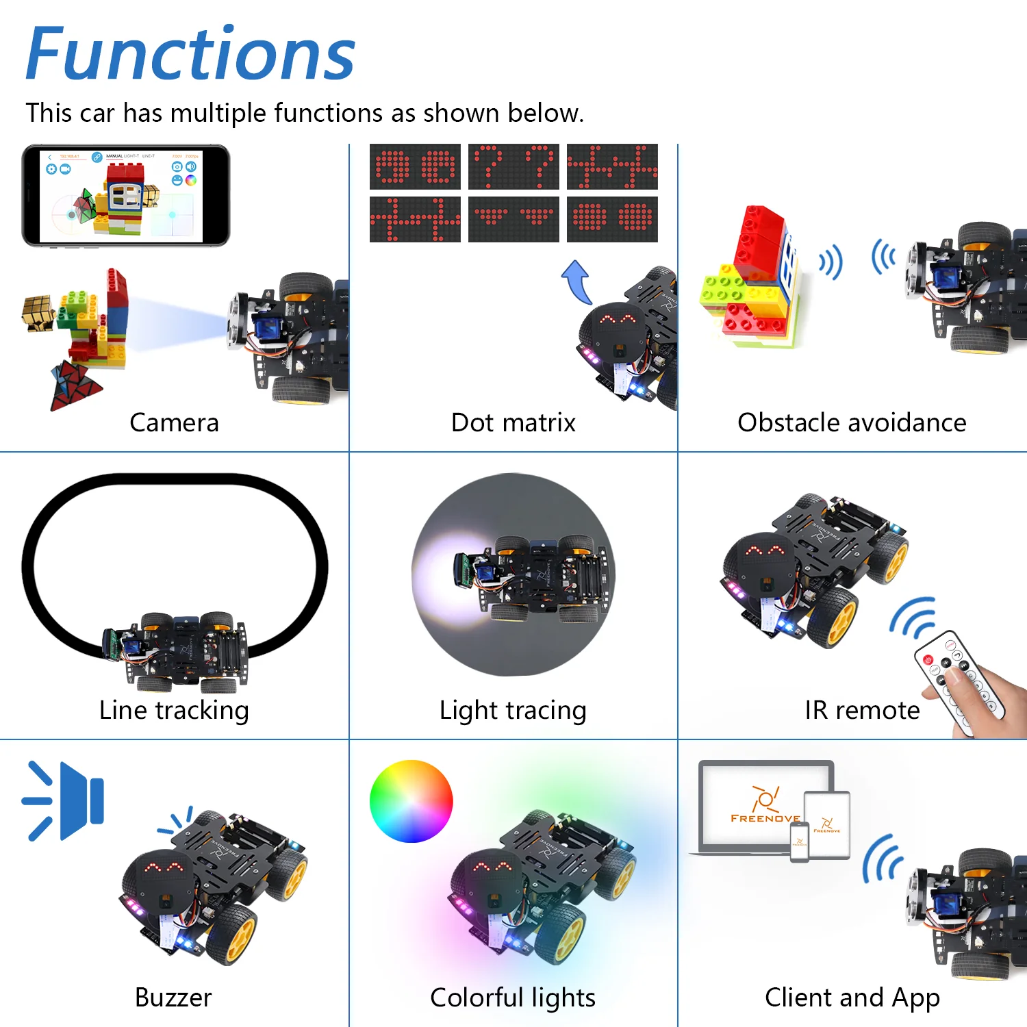 Freenove 4WD Car Kit for ESP32 CAM Camera Wi-Fi Bluetooth, Dual-core 32-bit 240 MHz Microcontroller, Dot Matrix, Obstacle Avoidance, Line Tracking, Light Tracing, Colorful Light, App - Image 4