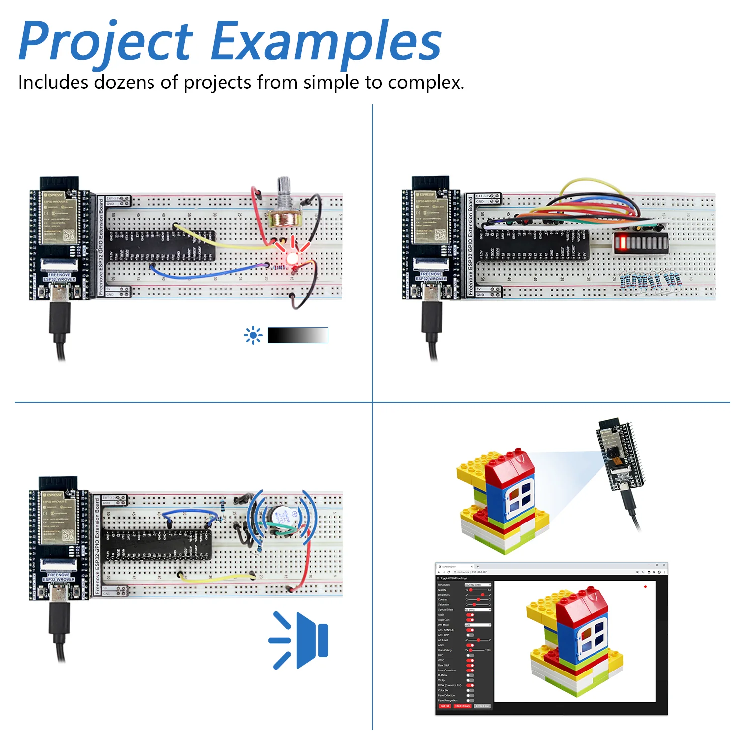 Freenove Basic Starter Kit for ESP32 CAM Camera Wi-Fi Bluetooth, Dual-core 32-bit 240 MHz Microcontroller, Python C Code, 400-Page Detailed Tutorial, 141 Items, 58 Projects - Image 4