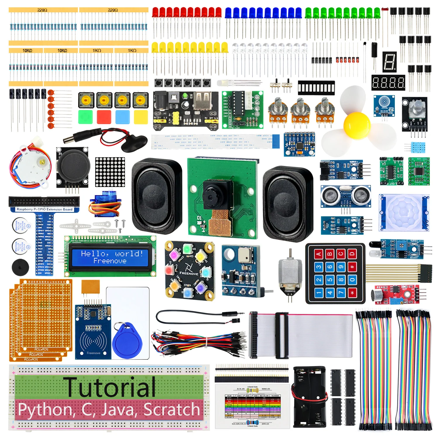 Freenove Complete Starter Kit for Raspberry Pi 5 4 B 3 B+ 500 Zero 2 W, 1170-Page Tutorial, Python C Java Scratch Processing Code, 386 Items, 164 Projects, Camera Speaker
