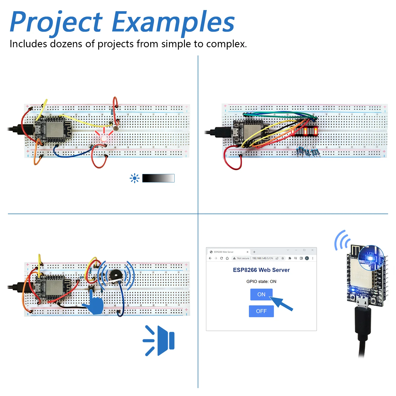Freenove Basic Starter Kit for ESP8266 Wi-Fi, 32-bit 160 MHz Mini Microcontroller, Python C Code, 340-Page Detailed Tutorial, 140 Items, 50 Projects - Image 4