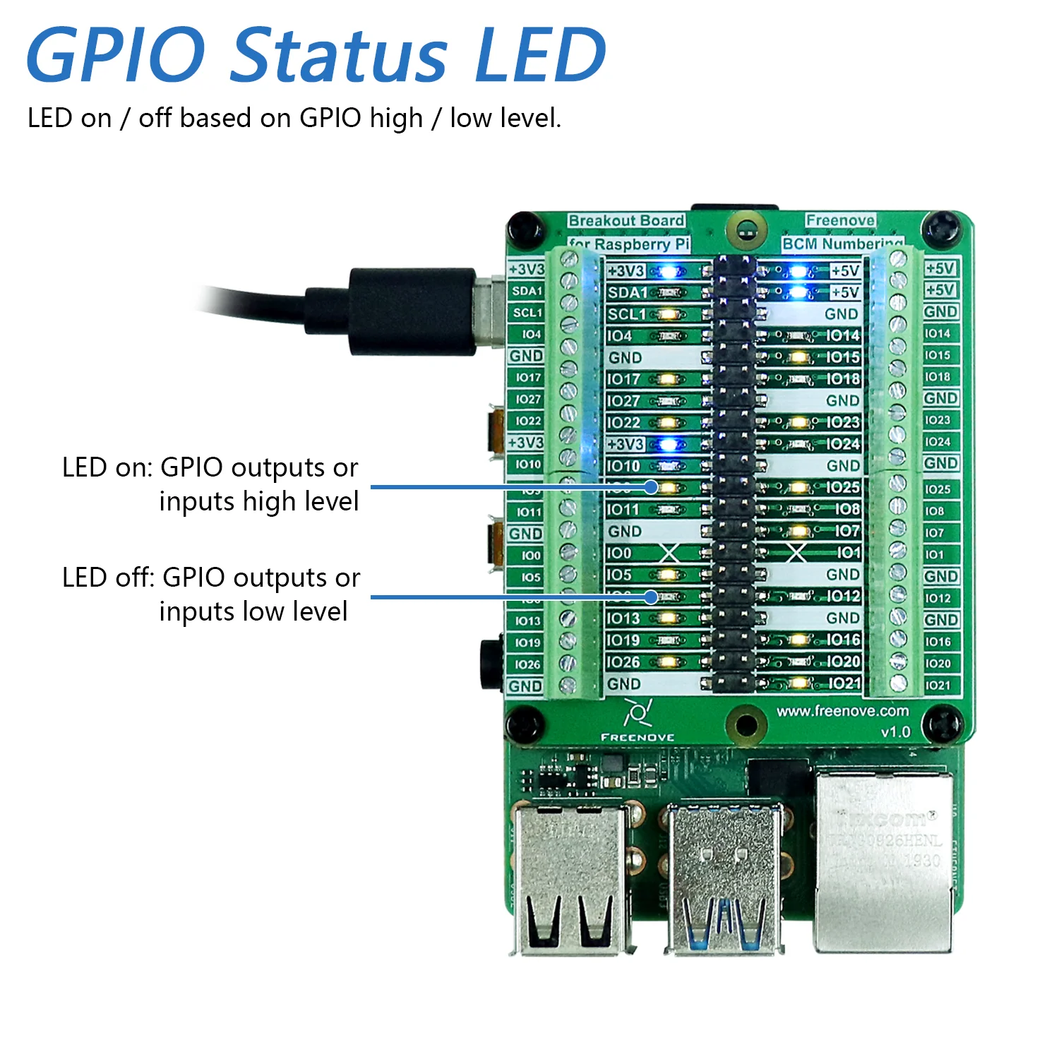 Freenove Breakout Board for Raspberry Pi 5 / 4B / 3B+ / 3B / 3A+ / 2B / 1B+ / 1A+ / Zero 2 W / Zero W / Zero, Terminal Block Shield HAT with Pin Header, GPIO Status LED - Image 3
