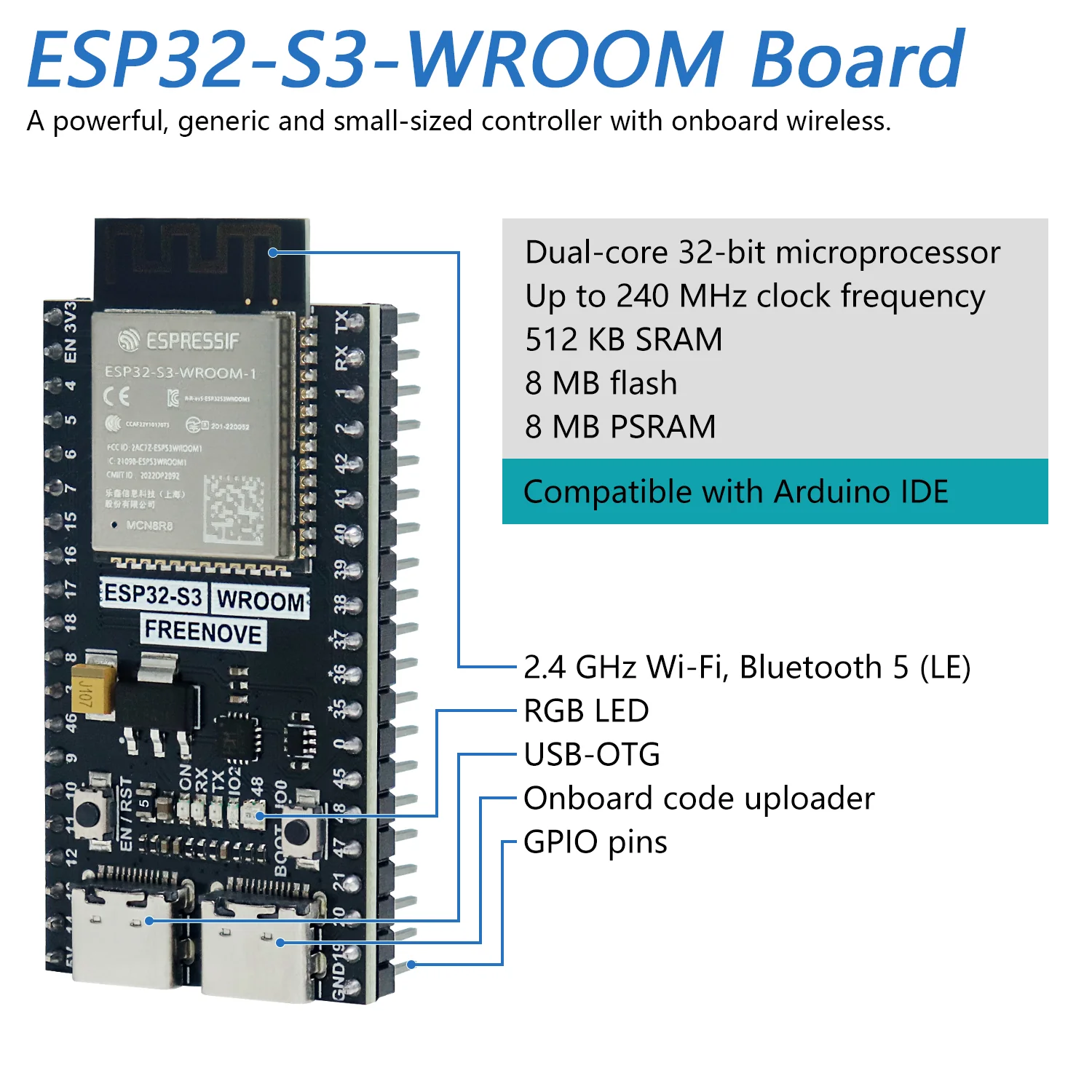 Freenove ESP32-S3 ESP32 S3 Wi-Fi Bluetooth Board Lite, Dual-core 32-bit 240 MHz Microcontroller, Python C Code, Example Projects Tutorial - Image 3