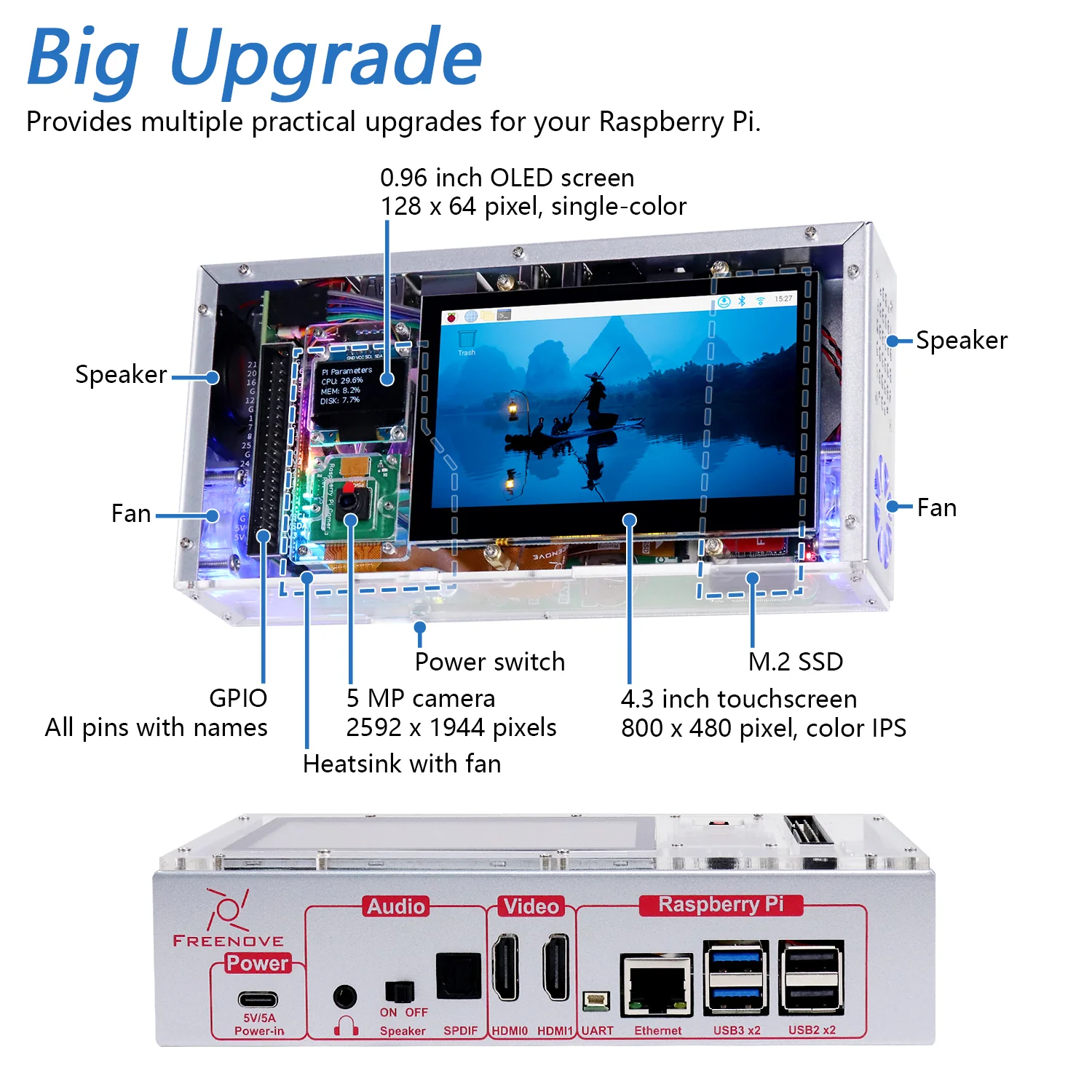 Freenove Computer Case Kit for Raspberry Pi 5, 128GB M.2 NVMe SSD, 4.3 Inch Touchscreen, 5 MP Camera, OLED Screen, Stereo Speakers, 3.5 mm and Optical Audio (S/PDIF) - Image 3