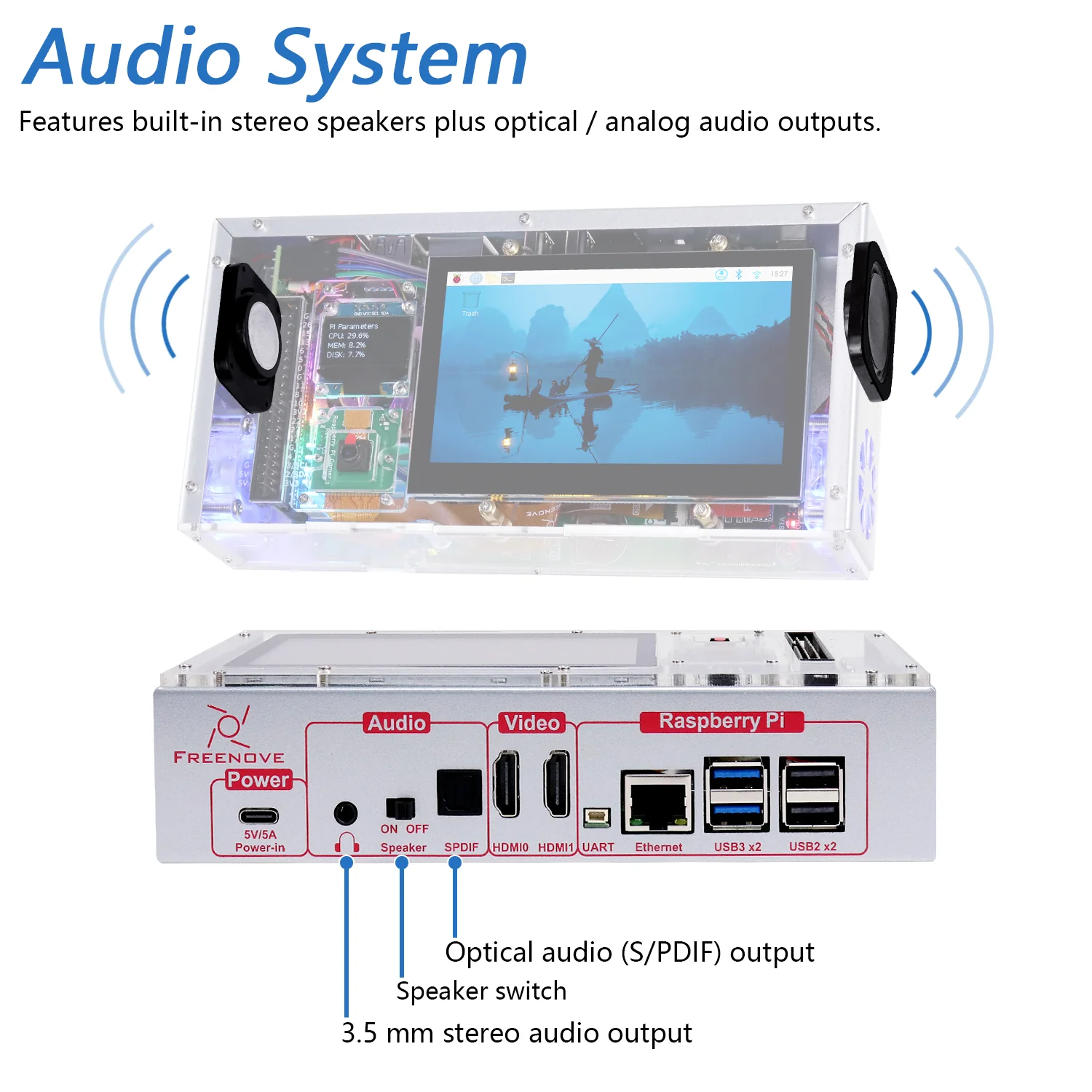 Freenove Computer Case Kit for Raspberry Pi 5, 128GB M.2 NVMe SSD, 4.3 Inch Touchscreen, 5 MP Camera, OLED Screen, Stereo Speakers, 3.5 mm and Optical Audio (S/PDIF) - Image 5