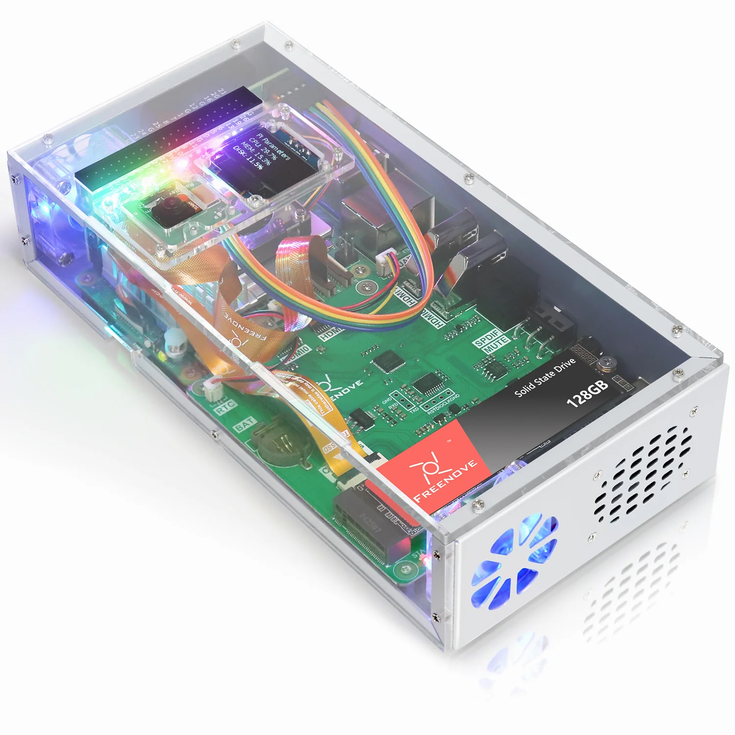 Freenove Computer Case Kit for Raspberry Pi 5, 128GB M.2 NVMe SSD, 4.3 Inch Touchscreen, 5 MP Camera, OLED Screen, Stereo Speakers, 3.5 mm and Optical Audio (S/PDIF) - Image 9