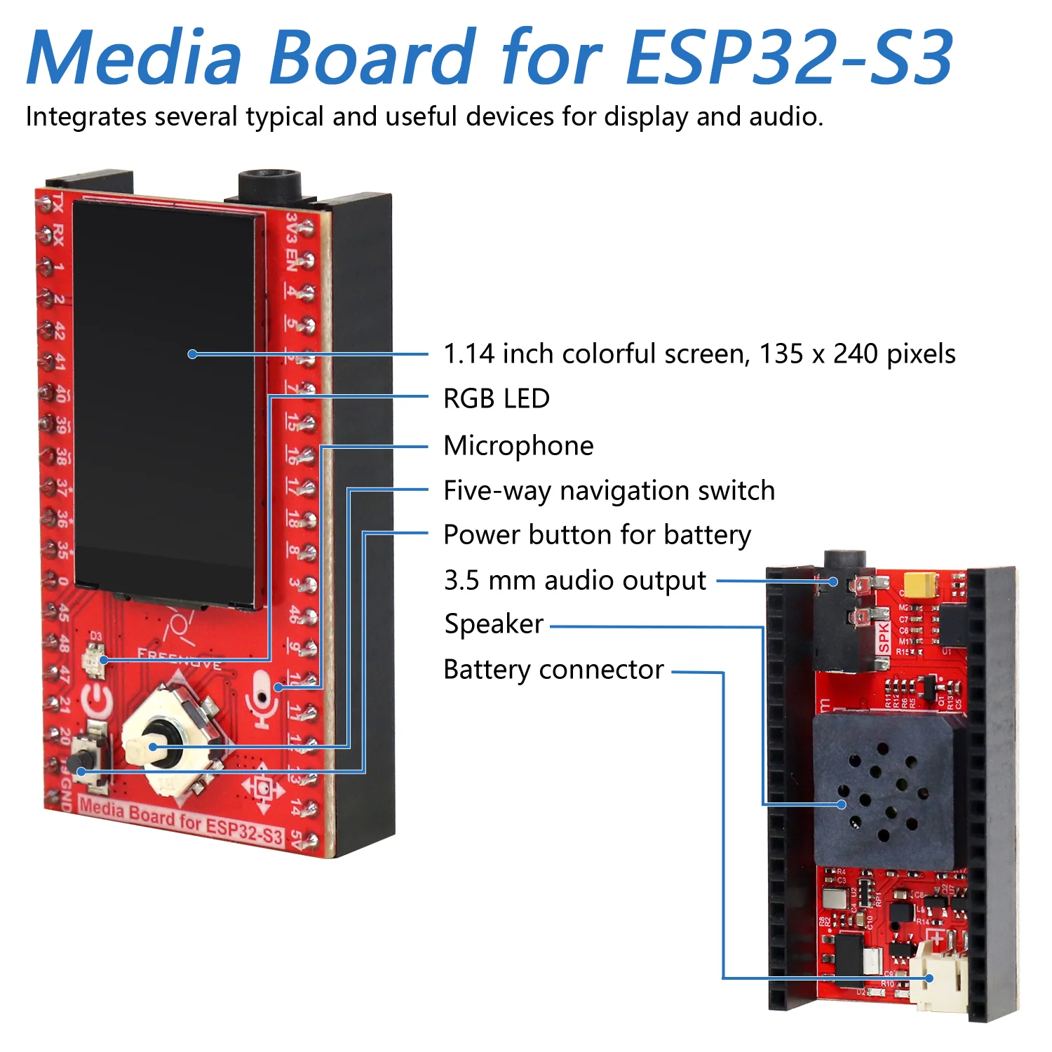 Freenove Media Kit for ESP32-S3 ESP32 S3 CAM Camera Wi-Fi Bluetooth, OpenAI / XiaoZhiAI, Dual-core 32-bit 240 MHz Microcontroller, Screen Speaker Microphone, Tutorial Code - Image 5
