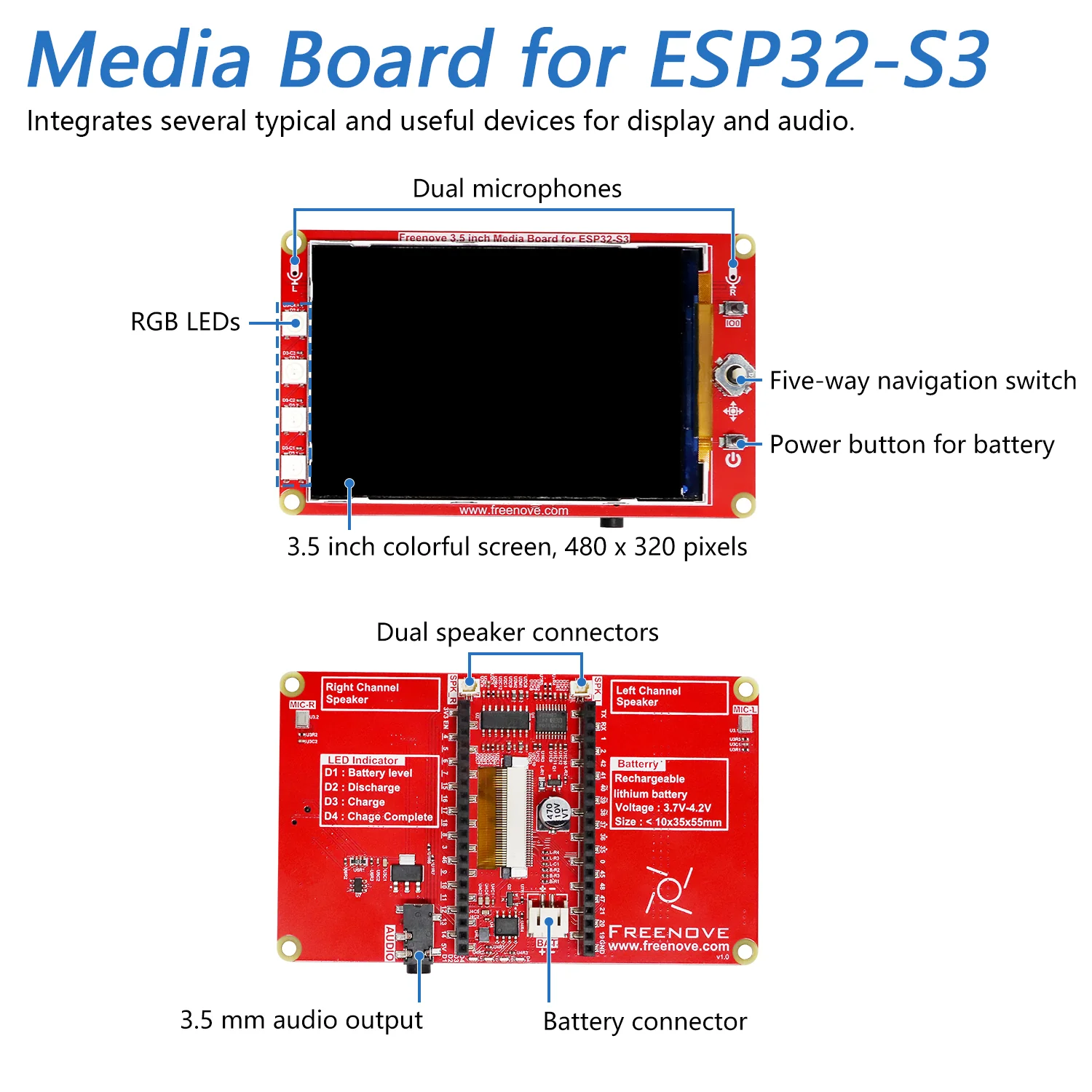Freenove Media Kit for ESP32-S3 ESP32 S3 CAM Camera Wi-Fi Bluetooth, OpenAI / XiaoZhiAI, Dual-core 32-bit 240 MHz Microcontroller, Screen Dual Speakers Dual Microphones, Tutorial Code - Image 5