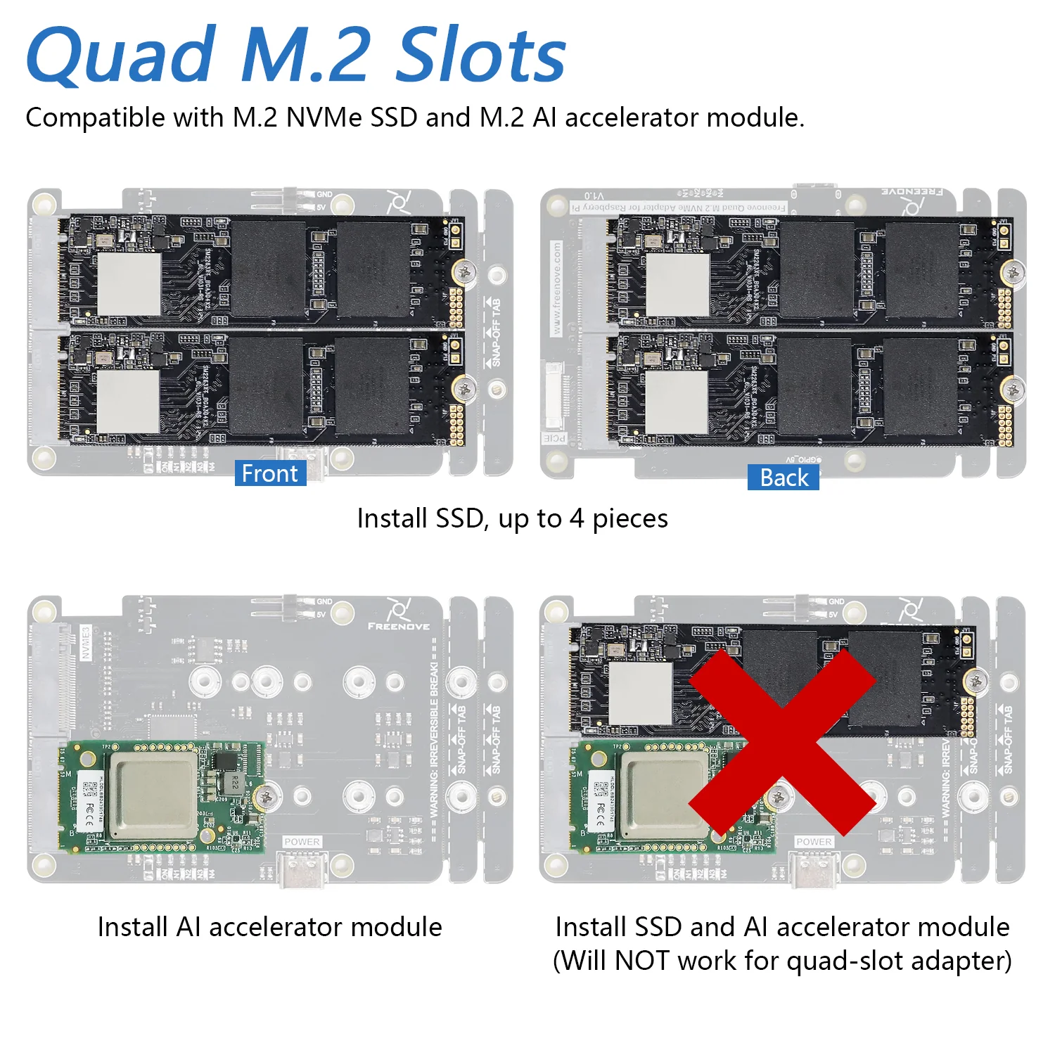 Freenove Quad / Dual M.2 NVMe Adapter for Raspberry Pi 5, SSD HAT AI HAT 4 / 2 Slots NAS RAID Kit, Solid State Drive Size 2230 2242 2260 2280, PCIe 2.0 Max Speed 500 MB/s - Image 7
