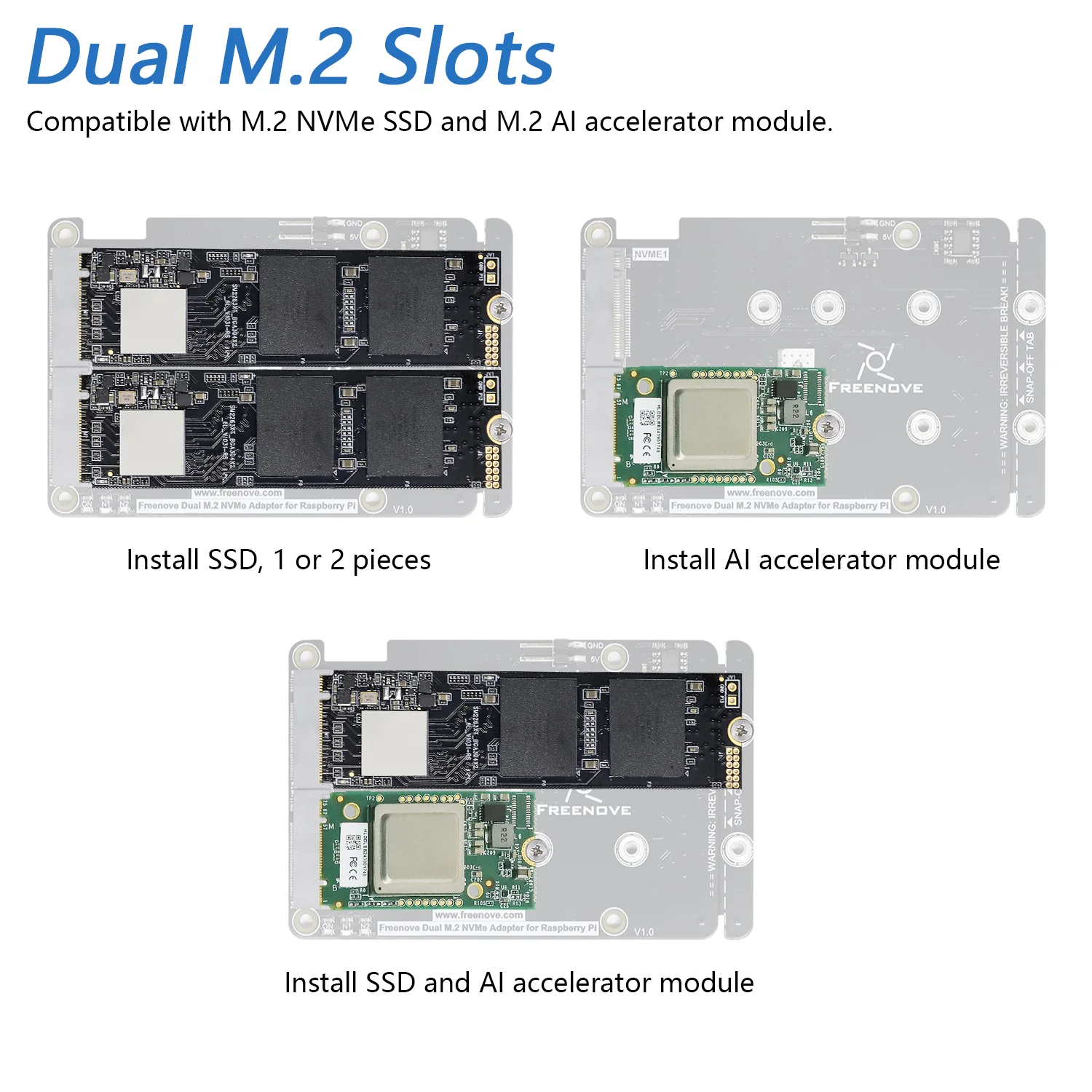 Freenove Quad / Dual M.2 NVMe Adapter for Raspberry Pi 5, SSD HAT AI HAT 4 / 2 Slots NAS RAID Kit, Solid State Drive Size 2230 2242 2260 2280, PCIe 2.0 Max Speed 500 MB/s - Image 8