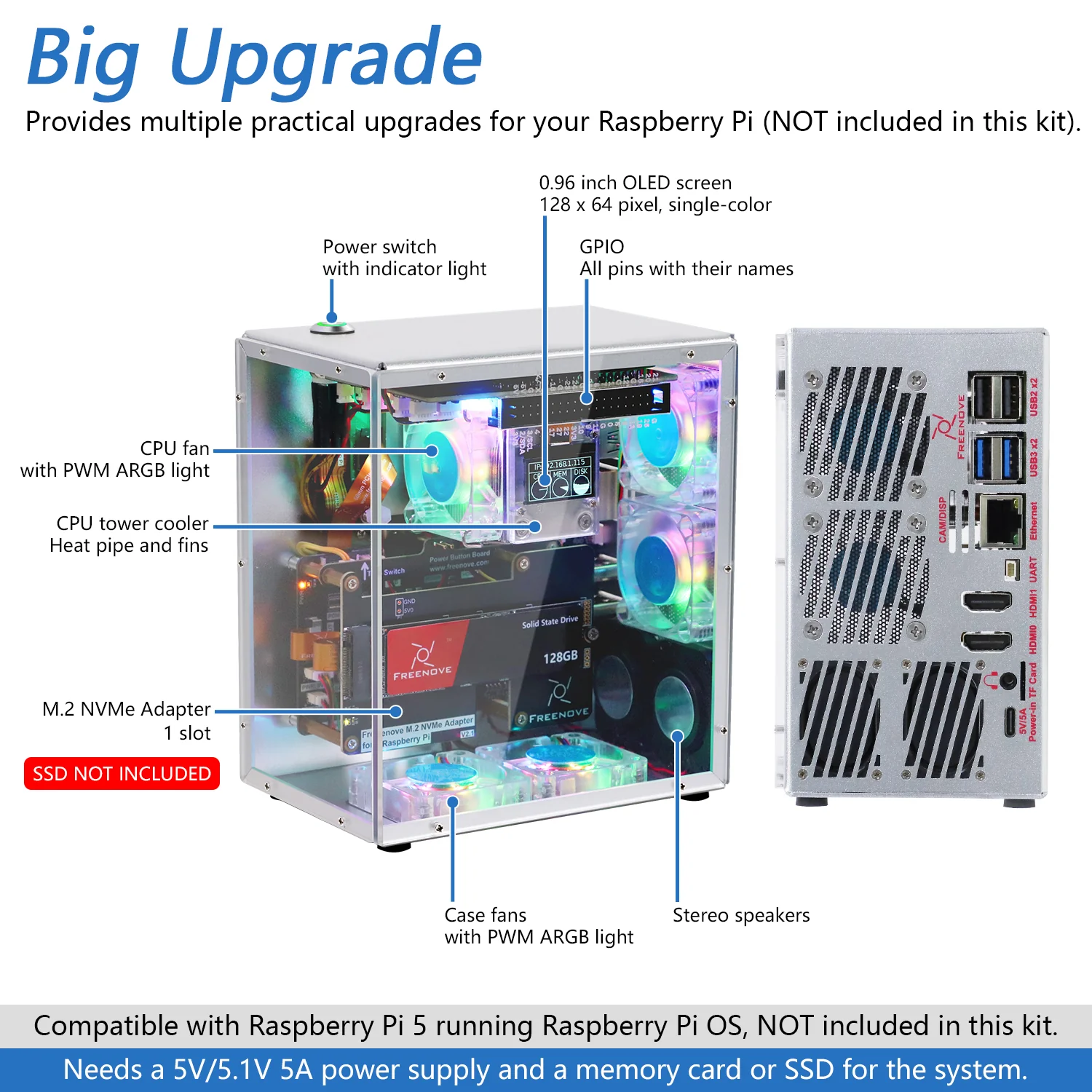 Freenove Raspberry Pi 5 Case Kit Pro, 1/2 M.2 NVMe SSD Slots, 5 PWM ARGB Fans, 0.96" OLED Screen, Stereo Speakers, 3.5 mm Audio - Image 2