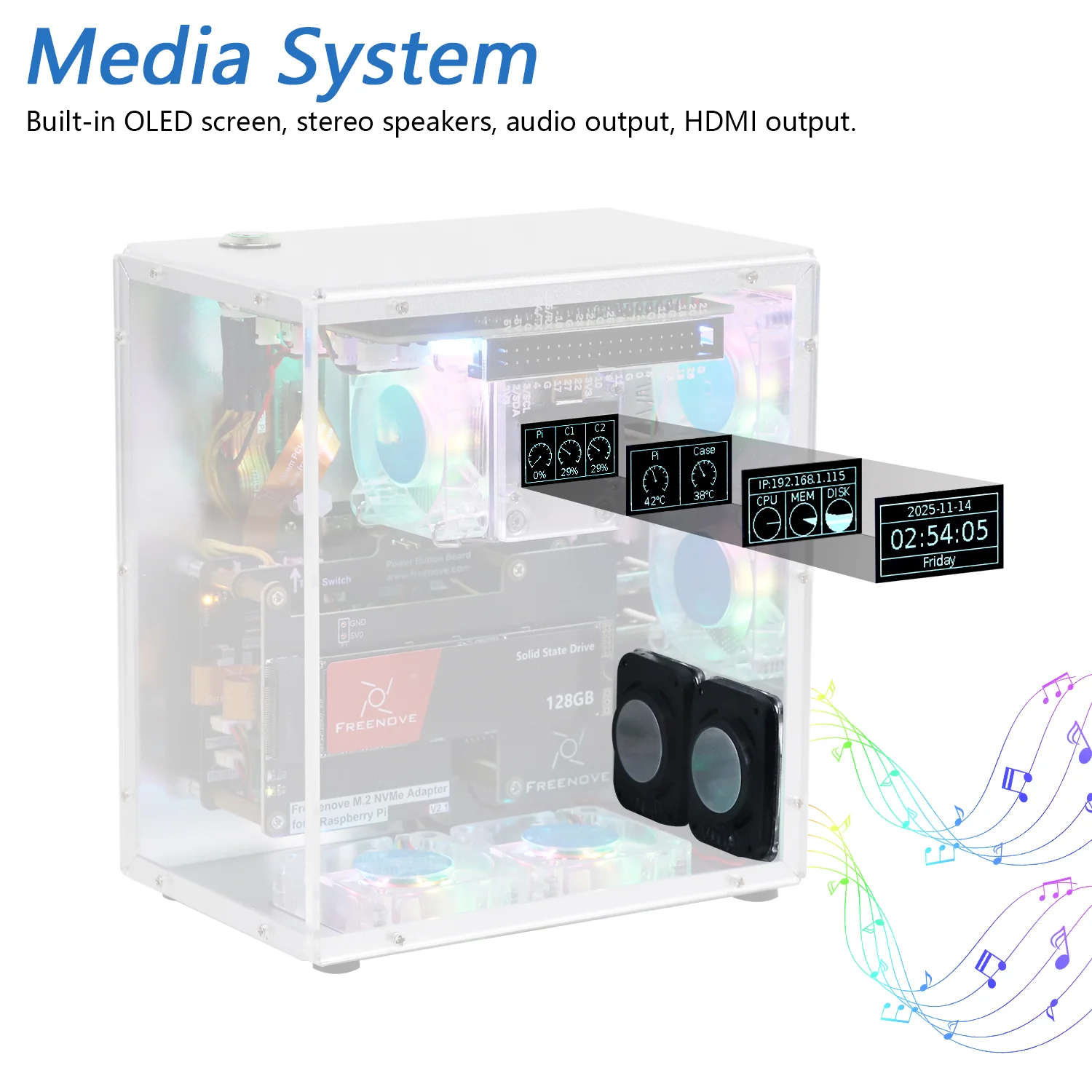 Freenove Raspberry Pi 5 Case Kit Pro, 1/2 M.2 NVMe SSD Slots, 5 PWM ARGB Fans, 0.96" OLED Screen, Stereo Speakers, 3.5 mm Audio - Image 5