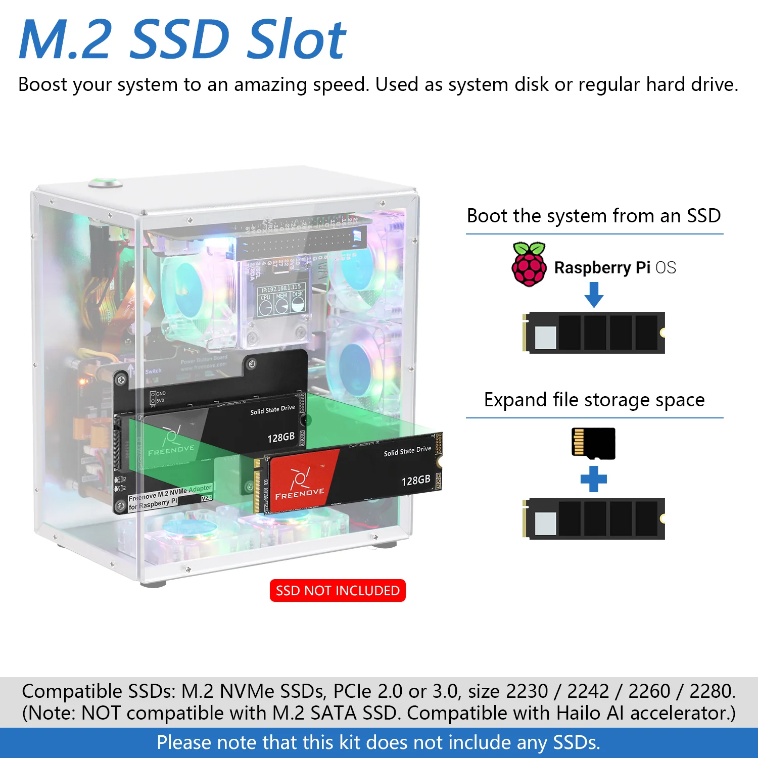 Freenove Raspberry Pi 5 Case Kit Pro, 1/2 M.2 NVMe SSD Slots, 5 PWM ARGB Fans, 0.96" OLED Screen, Stereo Speakers, 3.5 mm Audio - Image 7
