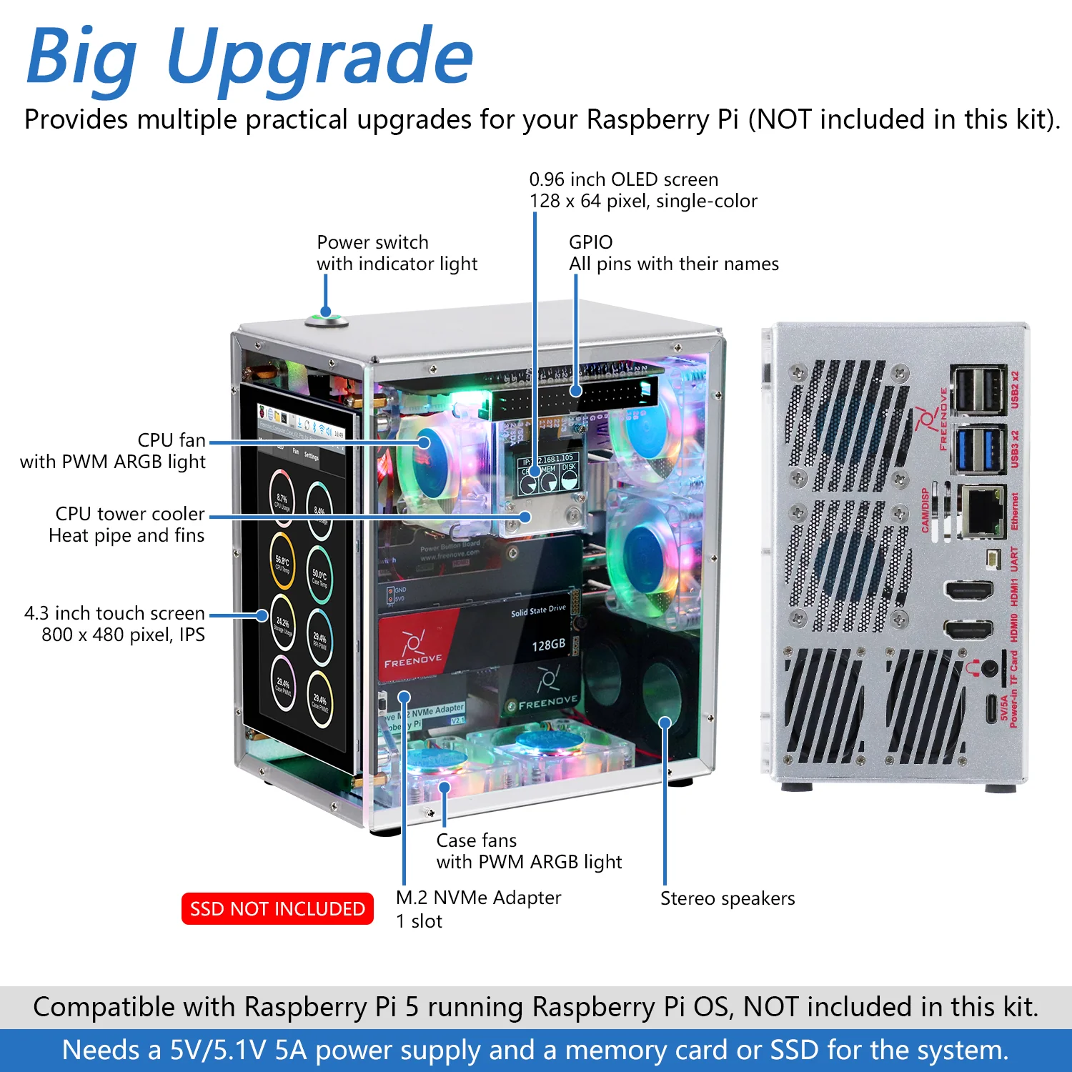 Freenove Raspberry Pi 5 Case Kit Pro, 2/4 M.2 NVMe SSD Slots, 5 PWM ARGB Fans, 4.3" Touchscreen, Stereo Speakers, 3.5 mm Audio - Image 2