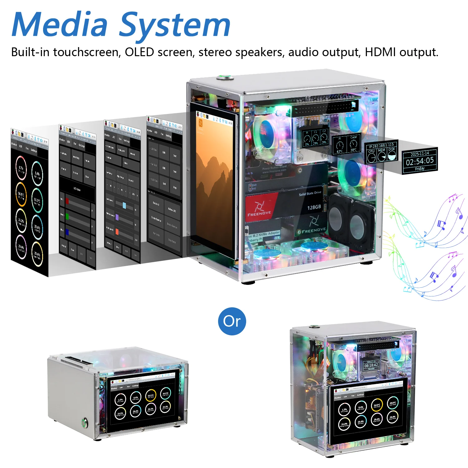 Freenove Raspberry Pi 5 Case Kit Pro, 2/4 M.2 NVMe SSD Slots, 5 PWM ARGB Fans, 4.3" Touchscreen, Stereo Speakers, 3.5 mm Audio - Image 5
