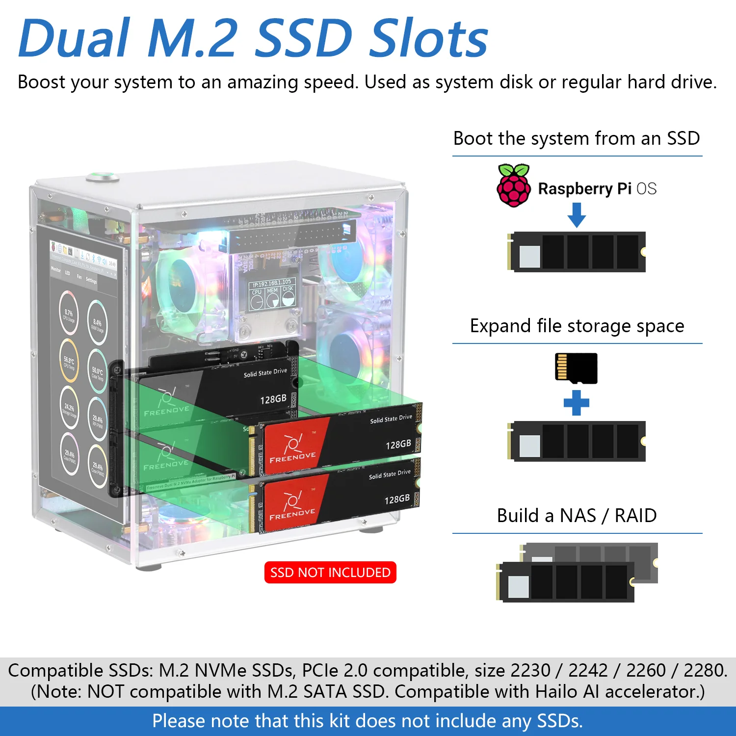 Freenove Raspberry Pi 5 Case Kit Pro, 2/4 M.2 NVMe SSD Slots, 5 PWM ARGB Fans, 4.3" Touchscreen, Stereo Speakers, 3.5 mm Audio - Image 7