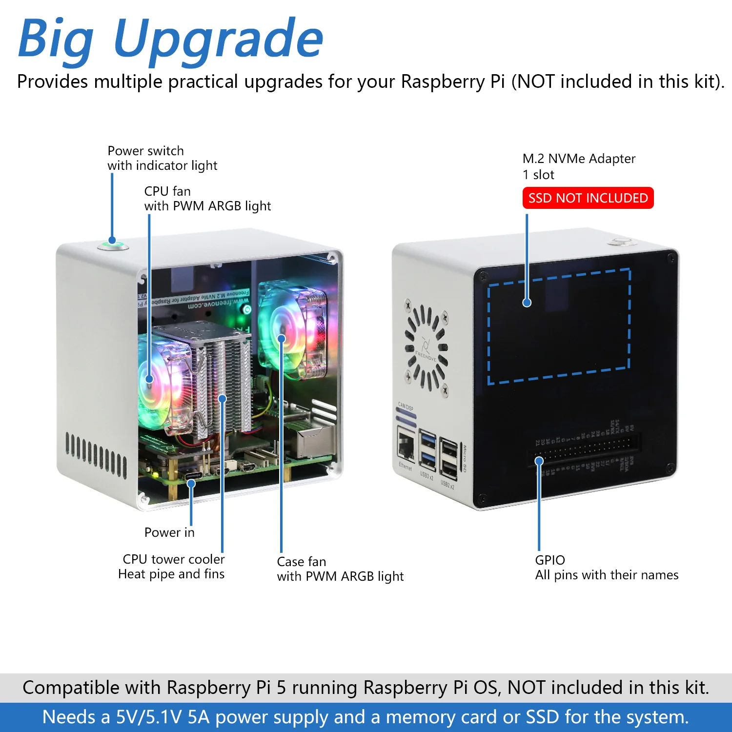 Freenove Raspberry Pi 5 Case Mini, 1/2 M.2 NVMe SSD Slots, PWM ARGB Fans Light Sync, Tower Cooler, Power Button, Setup Software - Image 2