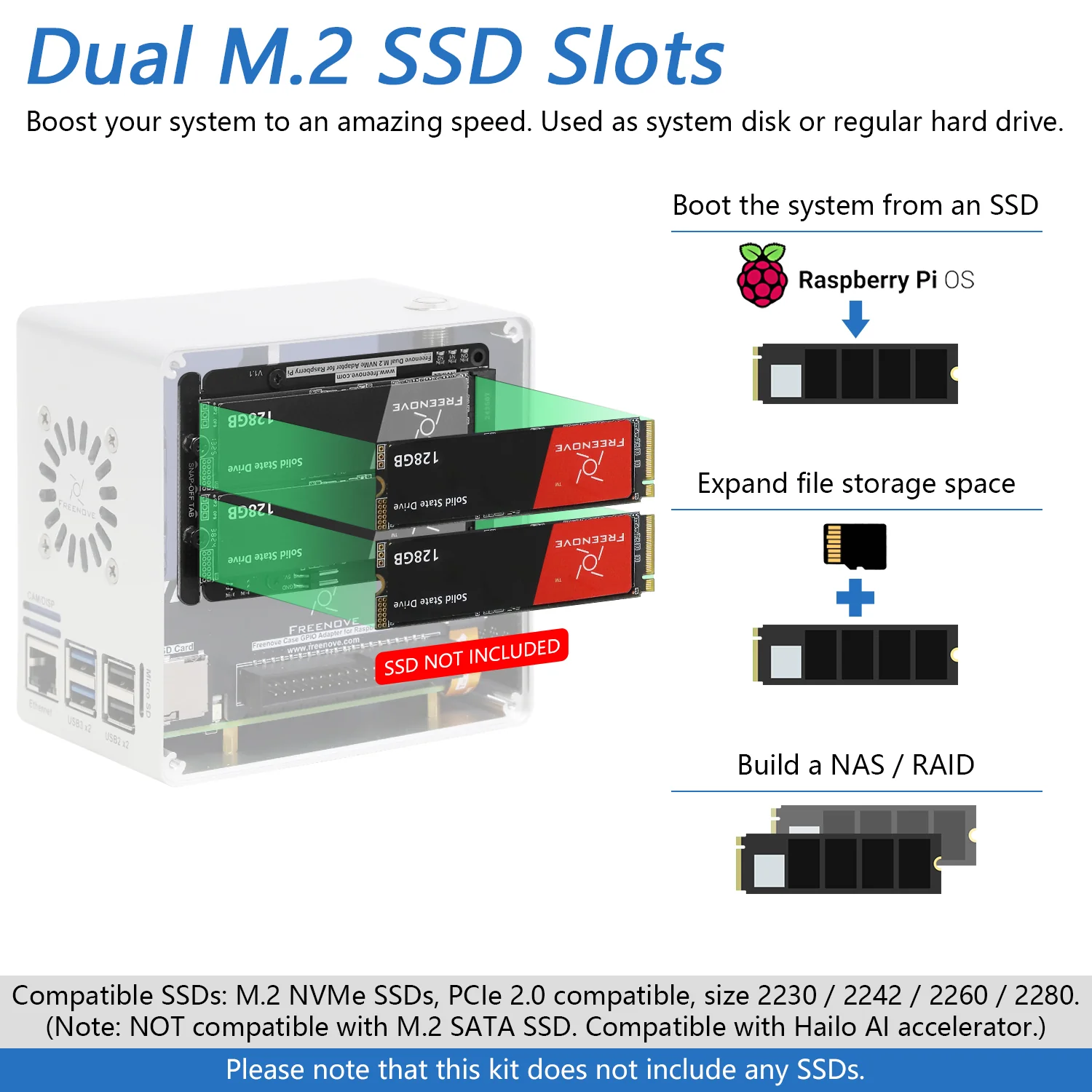 Freenove Raspberry Pi 5 Case Mini, 1/2 M.2 NVMe SSD Slots, PWM ARGB Fans Light Sync, Tower Cooler, Power Button, Setup Software - Image 8