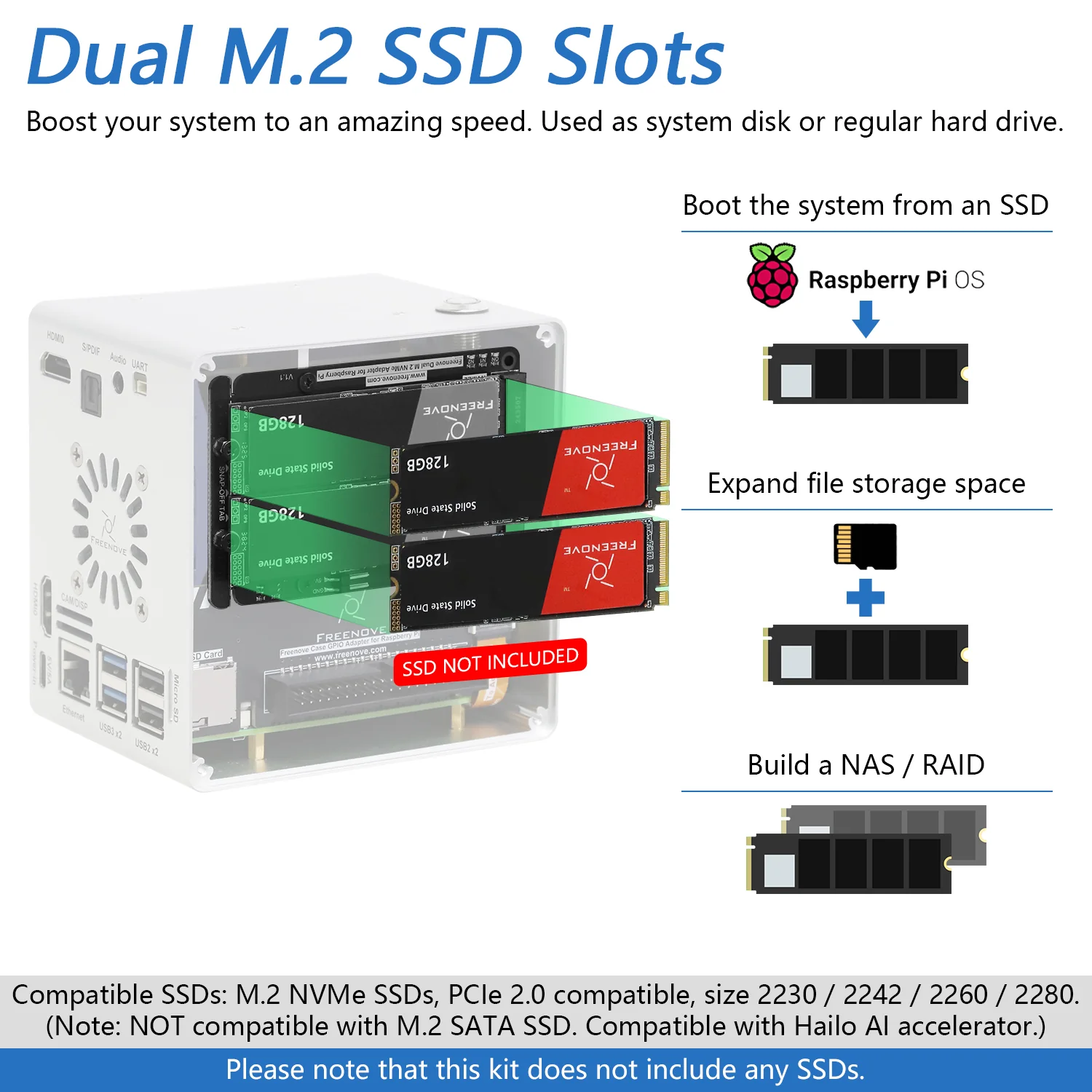 Freenove Raspberry Pi 5 Mini Case, 2/4 M.2 NVMe SSD Slots, PWM ARGB Fans Light Sync, Stereo Speakers, 3.5 mm and Optical Audio - Image 7