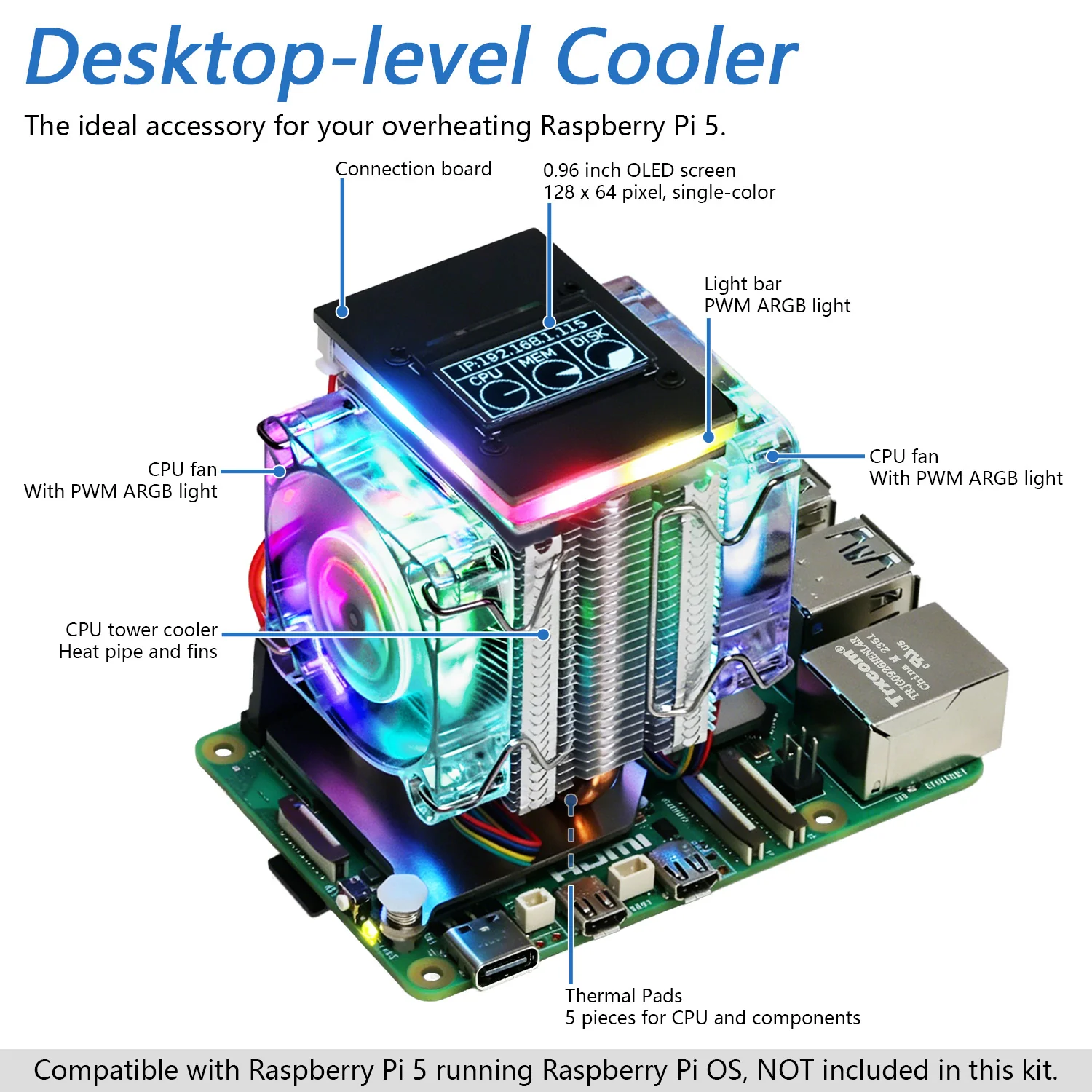 Freenove Active Cooler for Raspberry Pi 5 Heatsink, 1 / 2 PWM Fans ARGB Light Sync, OLED Screen, Multiple Cooling Lighting Modes - Image 2