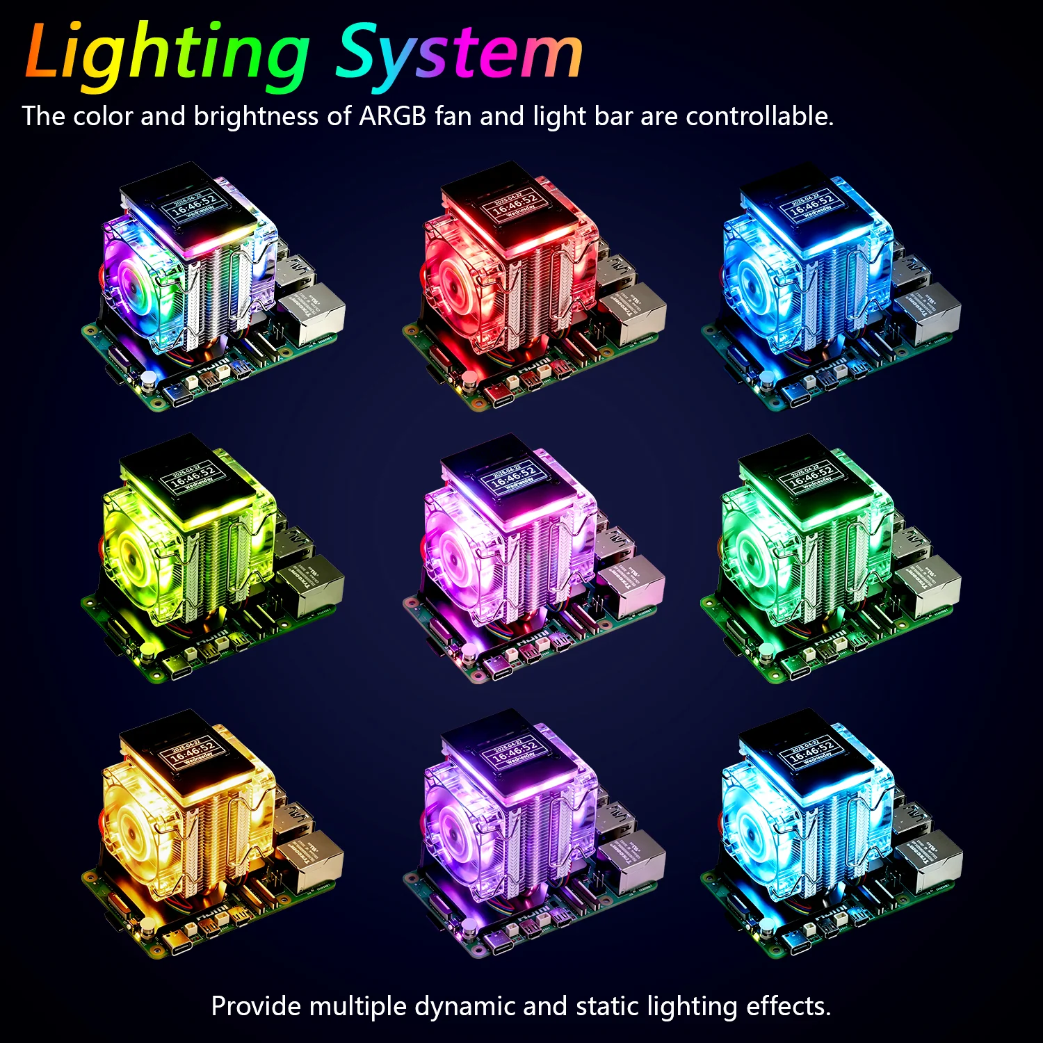 Freenove Active Cooler for Raspberry Pi 5 Heatsink, 1 / 2 PWM Fans ARGB Light Sync, OLED Screen, Multiple Cooling Lighting Modes - Image 4