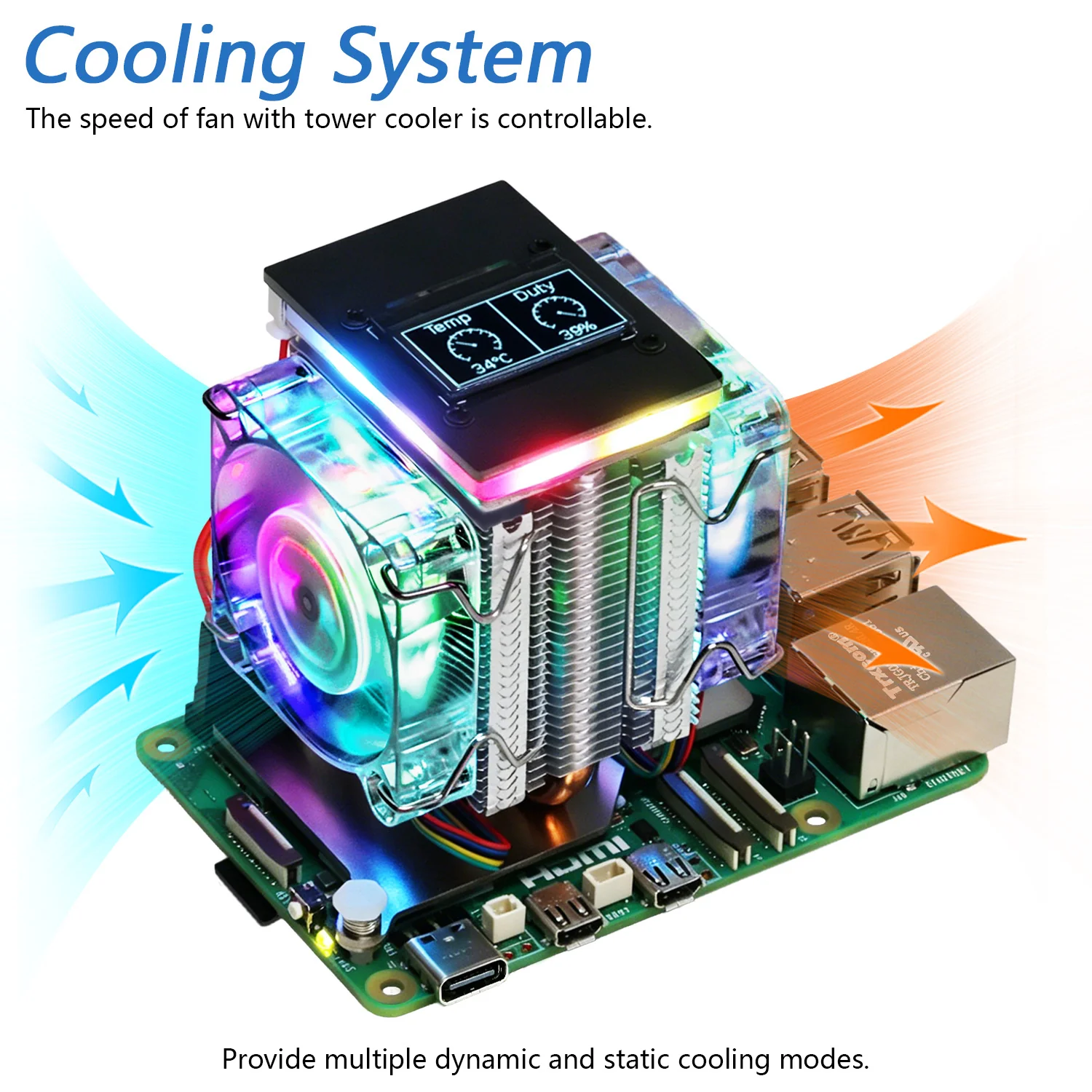 Freenove Active Cooler for Raspberry Pi 5 Heatsink, 1 / 2 PWM Fans ARGB Light Sync, OLED Screen, Multiple Cooling Lighting Modes - Image 5