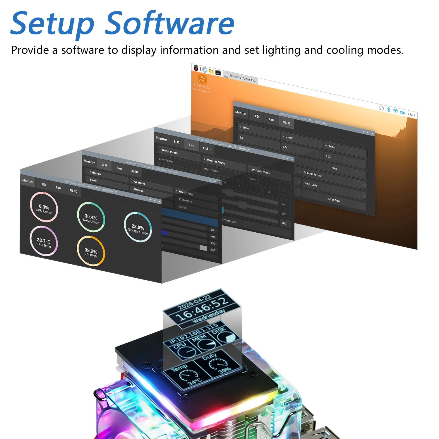 Freenove Active Cooler for Raspberry Pi 5 Heatsink, 1 / 2 PWM Fans ARGB Light Sync, OLED Screen, Multiple Cooling Lighting Modes - Image 6