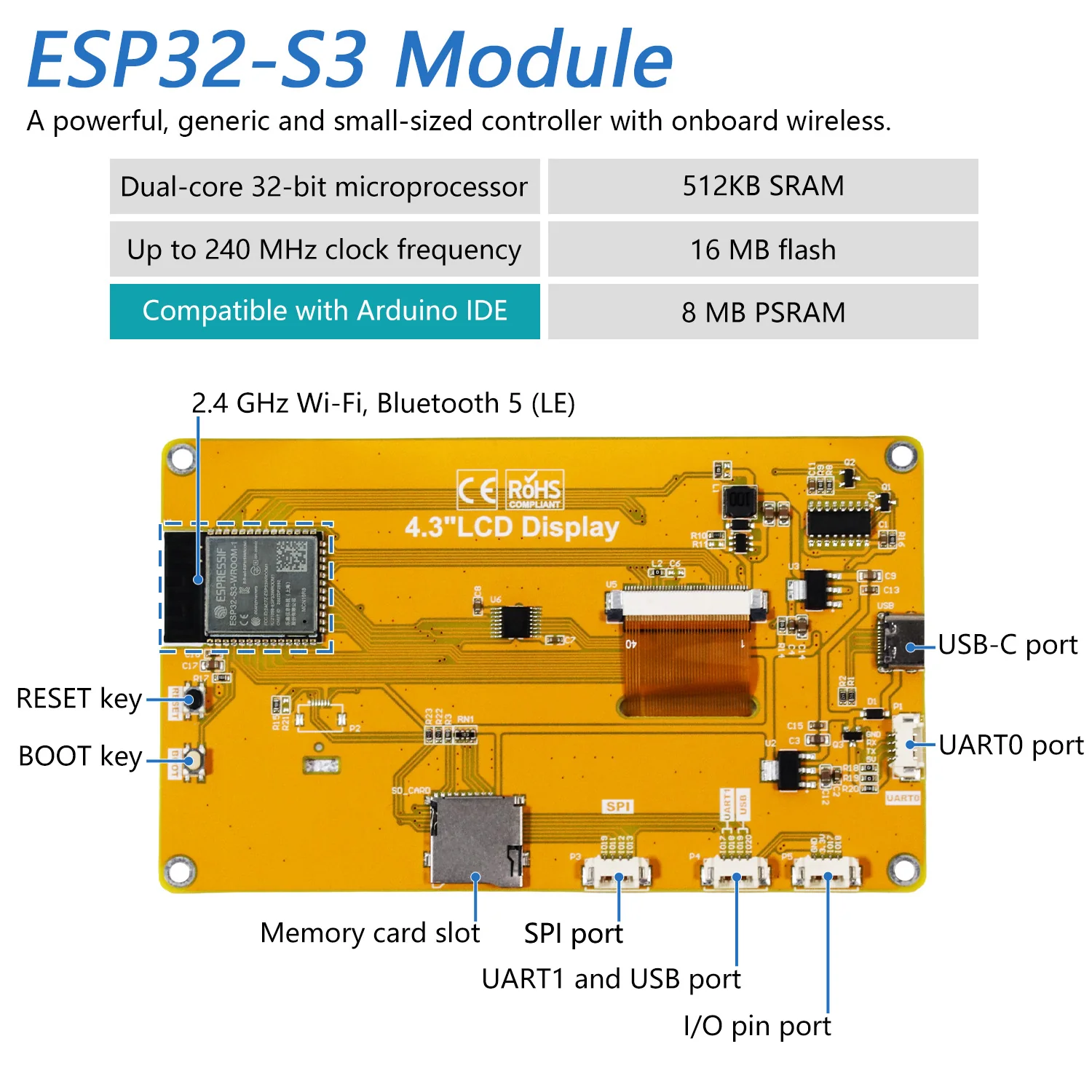 Freenove ESP32 S3 Touch Display CYD WiFi BT, 4.3 5.0 Inch Touchscreen, Dual-core 32-bit 240 MHz, Code Example Projects Tutorial - Image 3